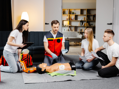 Image of healthcare providers performing rapid and specialized interventions with ACLS equipment during a cardiac arrest scenario.