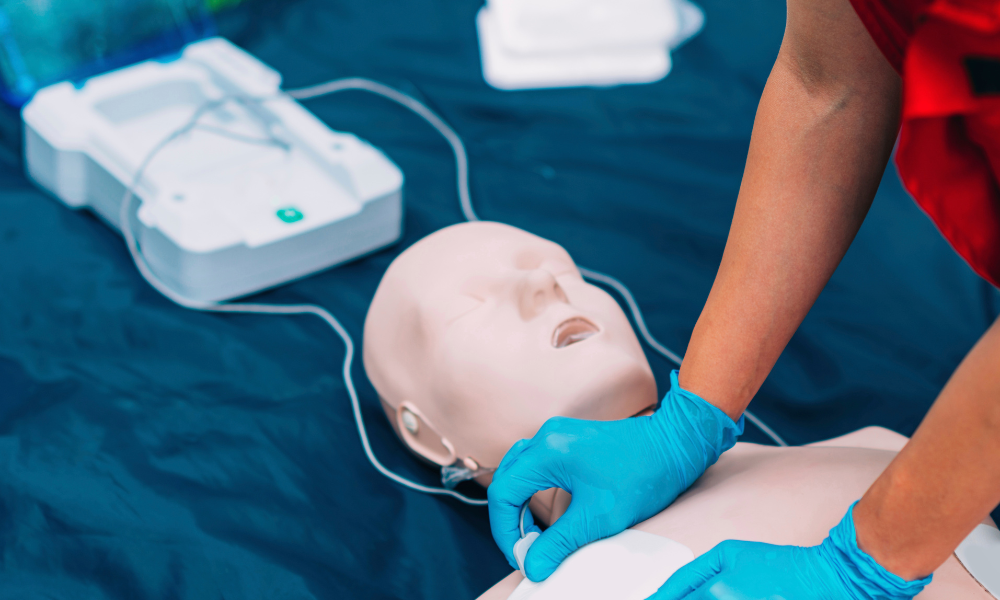 Healthcare professional reviewing ACLS kit documentation during a regulatory audit.