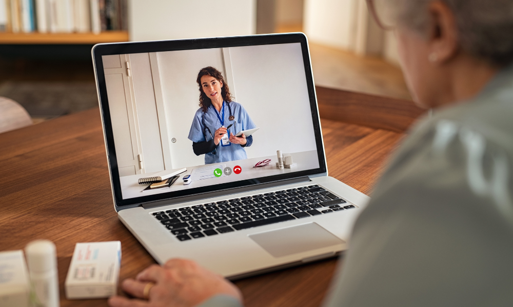 Healthcare professional conducting a remote assessment using telemedicine technology.