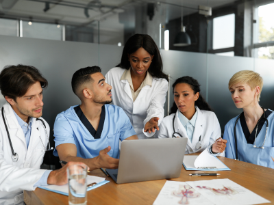 Healthcare providers in an ACLS team huddle, discussing roles and strategies.