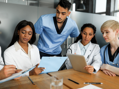 Instructor offering real-time feedback in healthcare training.