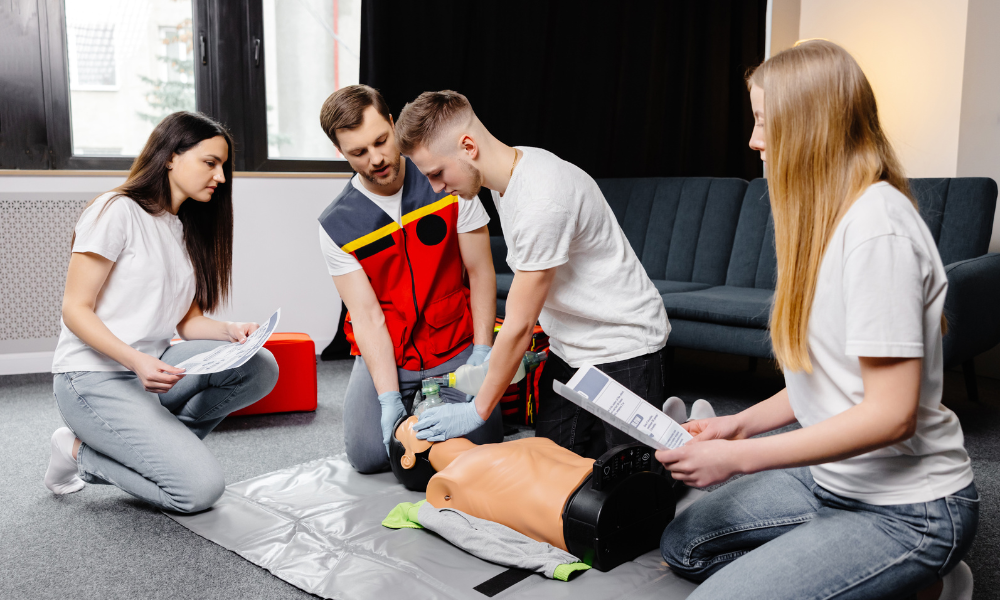 Healthcare professionals practicing high-quality CPR techniques for ACLS renewal.